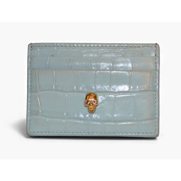 Alexander McQueen Handbags - Alexander McQueen Sky Blue Croc Embossed Leather Skull Card Holder